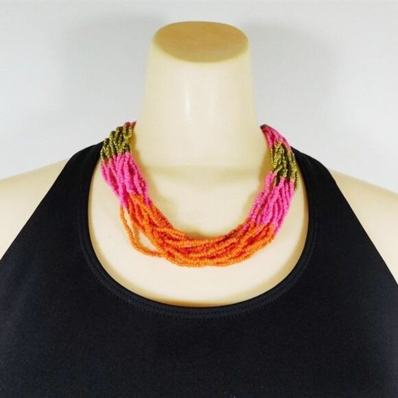 7/2391 Multi-Strand Pink/Orange/Gold Seed Beaded 20  Necklace - Picture 2 of 3